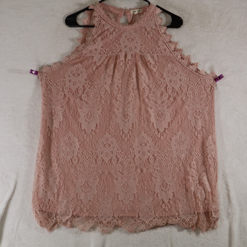 paper + tee Women's 2X Pink Lace Sleeveless Top – High Neck Scalloped Hem Blouse